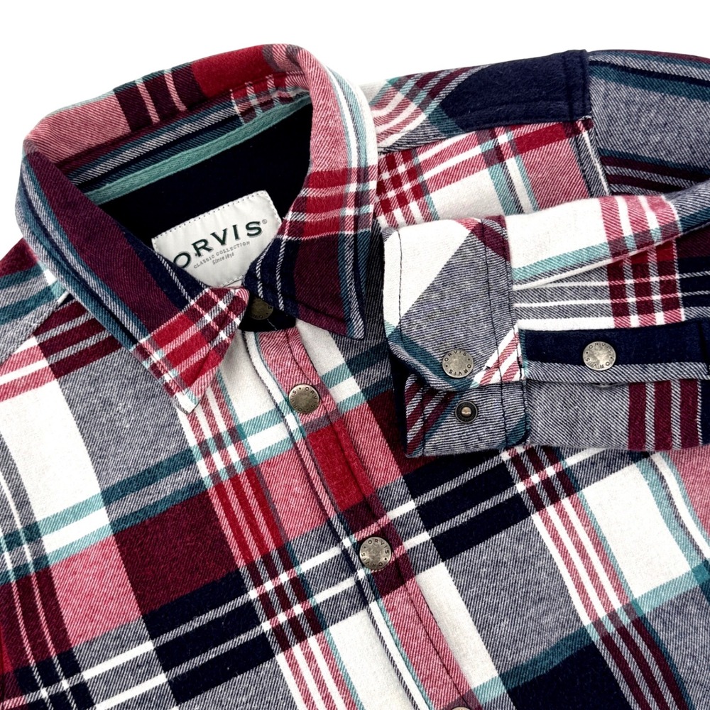 Orvis Flannel Shirt Jacket Women M Red Plaid Fleece Lined Snap Front Excellent